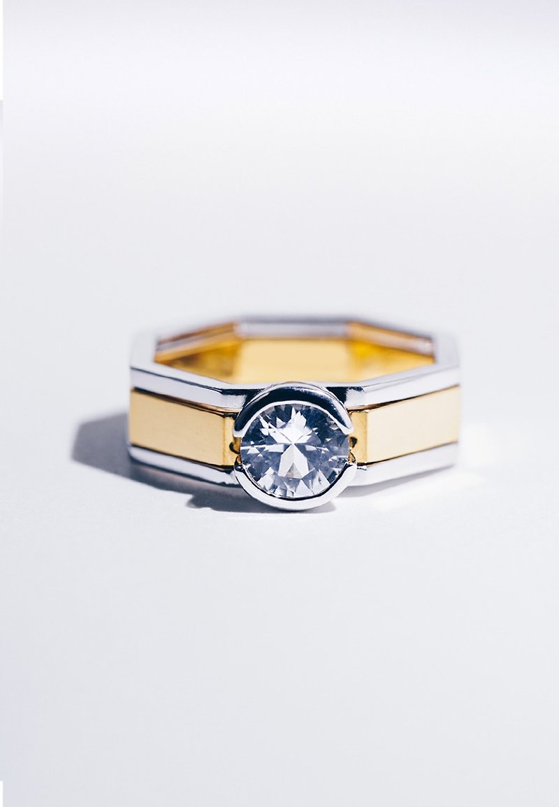 ACROPOLIS | 白色藍寶石八角形套戒/情侶戒指/婚戒 - 戒指 - 寶石 白色