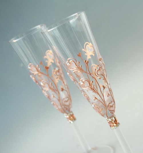 NeA Glass Rose Gold Wedding Glasses Diamond Hearts, hand Painted set of 2