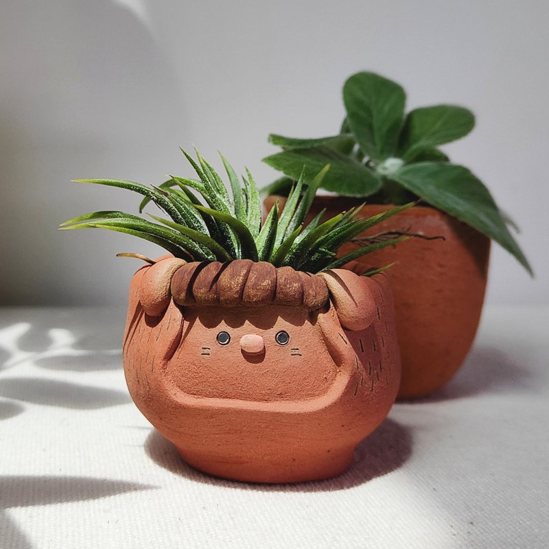 Terracotta plant pot with cute face. Handmade planter with drainage hole. - Pottery & Ceramics - Pottery 