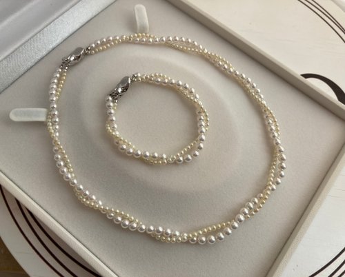 KOKO PEARL JEWELRY 稀有2.5mm香檳色4.5mm白色 雙色日本akoya海水珍珠 雙層項鏈 手鏈