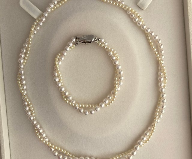 あこや真珠2.5クリーム色と4.5ミリ白系 ベビーパール二連ネックレス ブレスレット デザインあこや真珠ネックレス babyakoya雙層珍珠項鍊