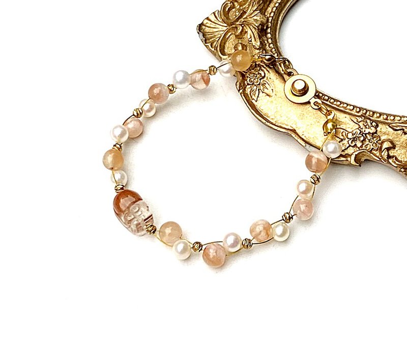 Lucky and Wish Guardian-Cherry Blossom Agate x Freshwater Pearl x Red Rabbit Hair Half Basin Brave Bronze Braided Bracelet - Bracelets - Crystal Multicolor