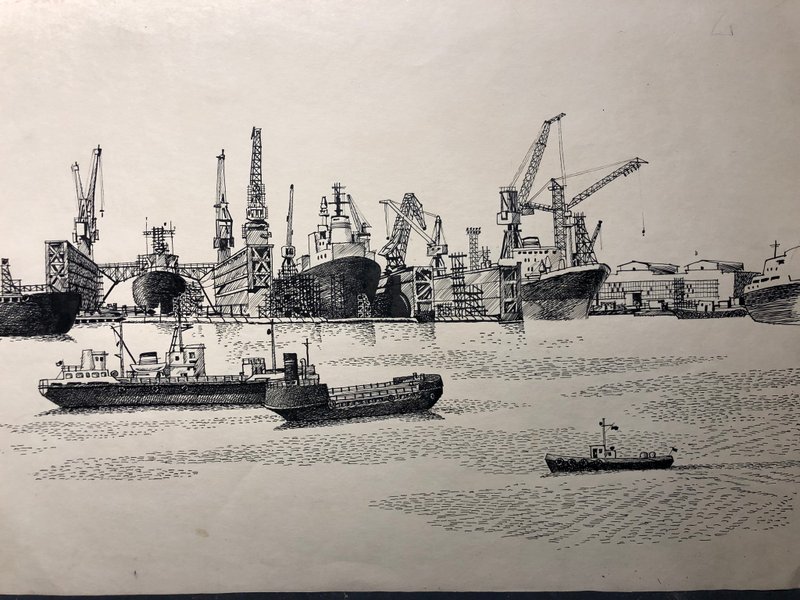 Harbor with Dry Docks, Industrial Maritime Landscape, Ink pen on paper, Wall Art - 壁貼/牆壁裝飾 - 紙 