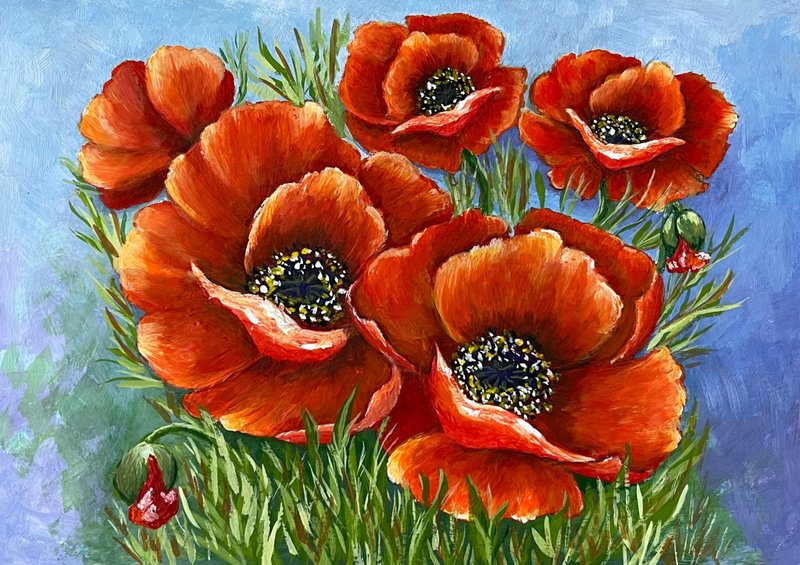 Poppies in a lilac-blue haze. Painting Gouache. - Wall Décor - Paper 