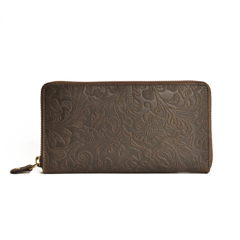 Botanical pattern hallelujah All leather round zipper long wallet Genuine leather Men's Women's Name Insert Brown TOW011 - Wallets - Genuine Leather Brown