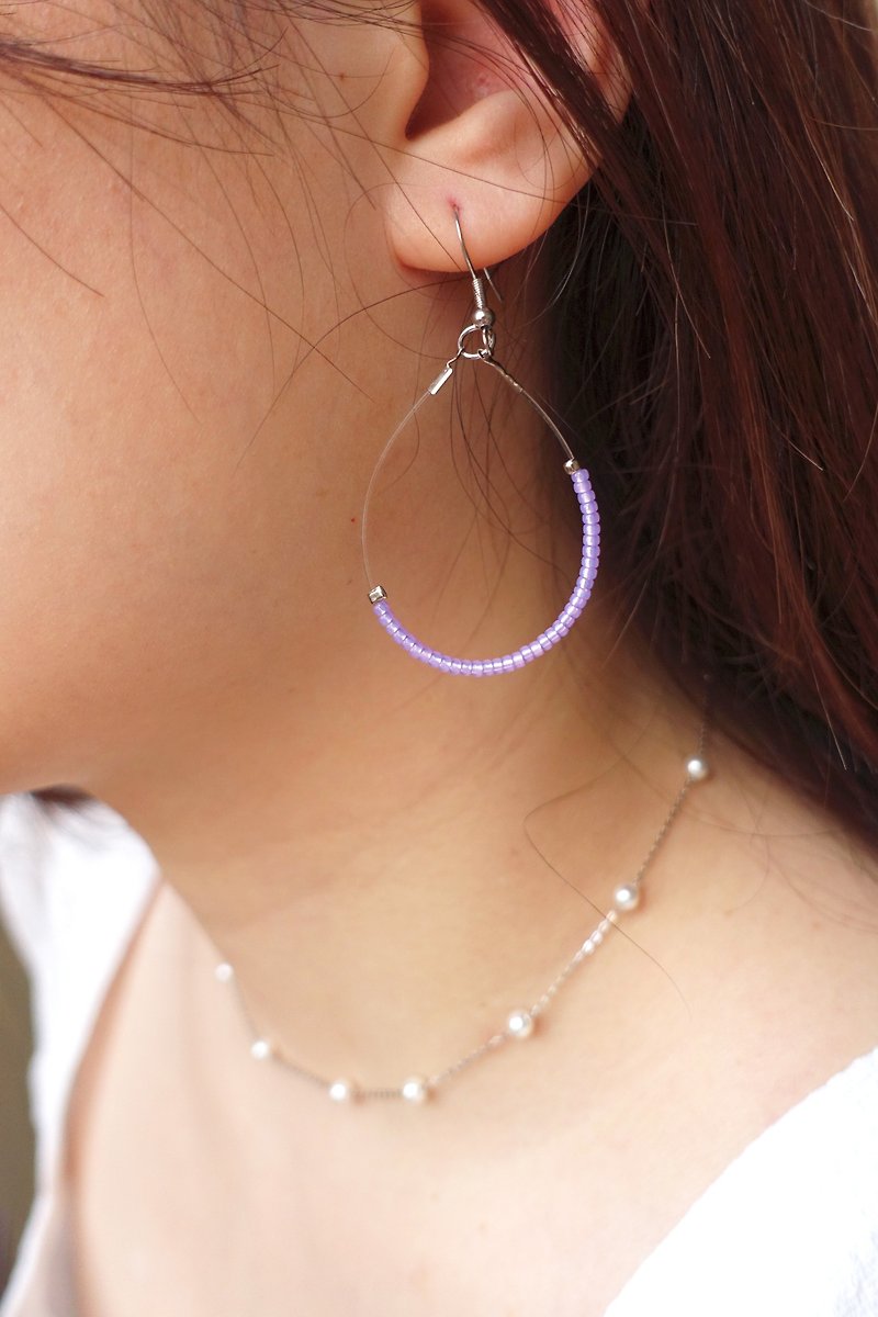 Hollow Water Drop Earrings Japanese Lavender Purple Glass Beads Silver Plated Ear Hook/ Clip-On - Earrings & Clip-ons - Colored Glass Purple