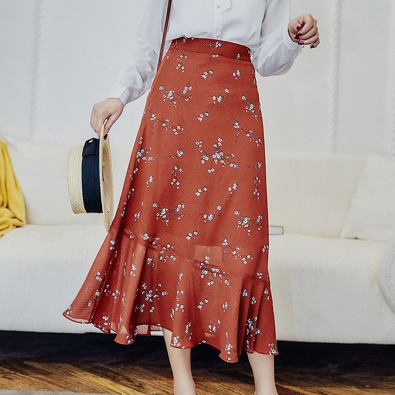 秋の女性の2018年の新しい威厳のあるレトロな花のプリントの魚のスカートのドレス - スカート - その他の素材 レッド
