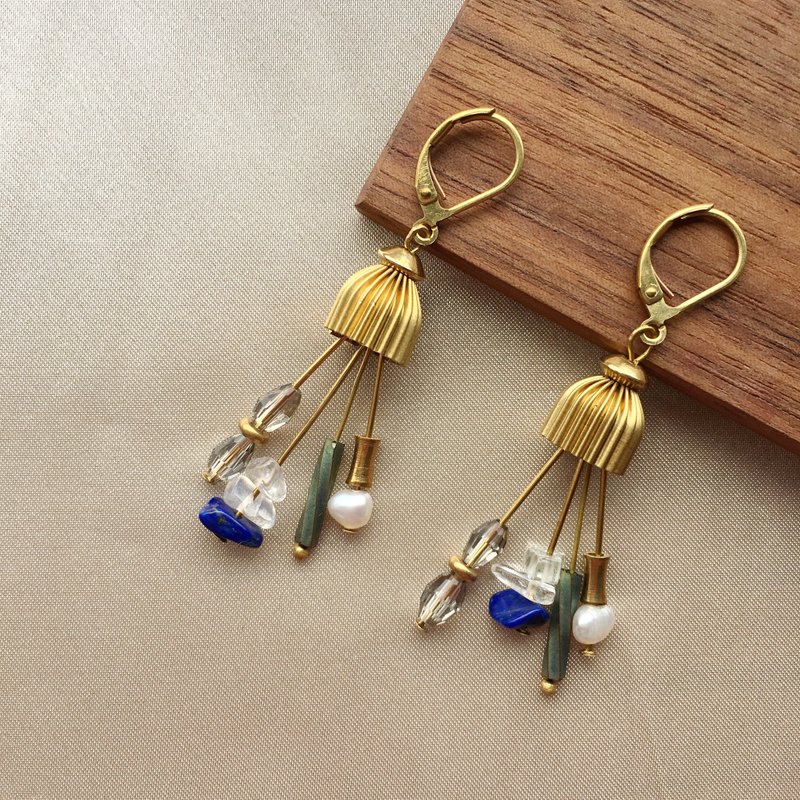 Back to Blue Lagoon Bronze earrings freshwater pearl natural stone - Earrings & Clip-ons - Copper & Brass Gold