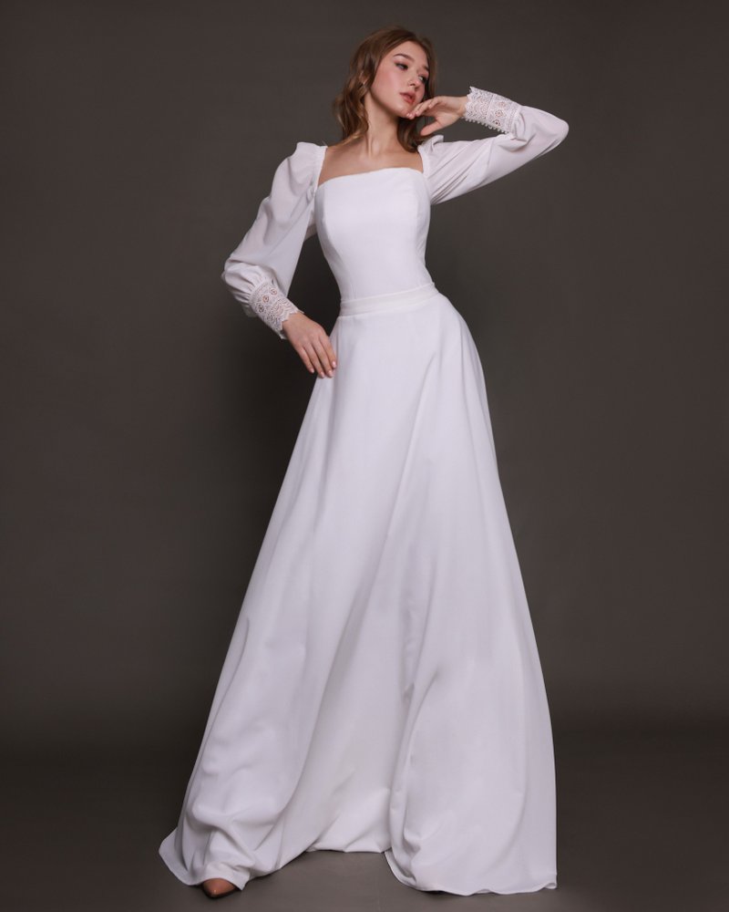 Chiffon Wedding Dress, Minimalist Wedding Dress, Aline Wedding Dress Long Sleeve - 禮服/小禮服 - 其他材質 白色