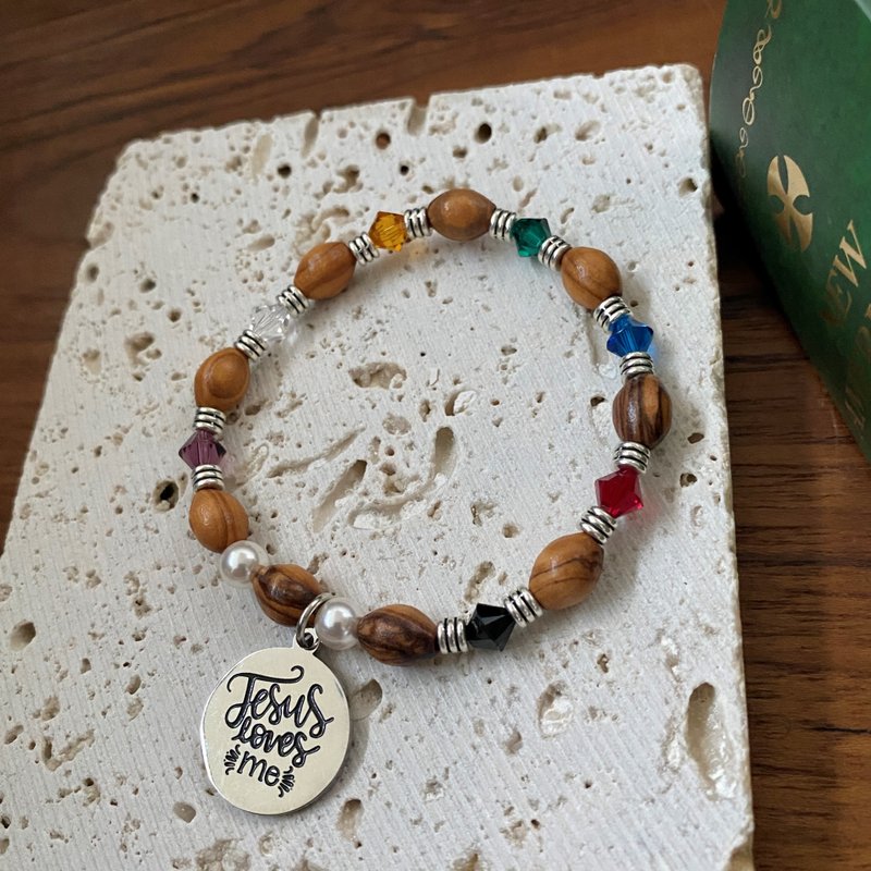 Gospel Bracelet,Jesus Loves Me,9mmOval Olive Wood Bead,Swarovski Crystals,Pearls - Bracelets - Crystal Multicolor