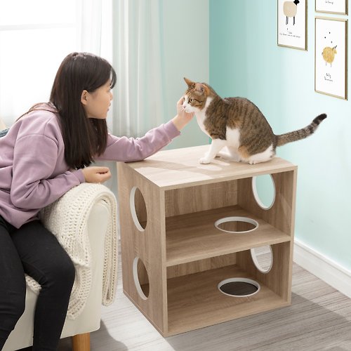 踏踏貓-人貓共用家居用品 洞洞穿越雙層櫃-實木貓跳台 貓櫃 貓玩具
