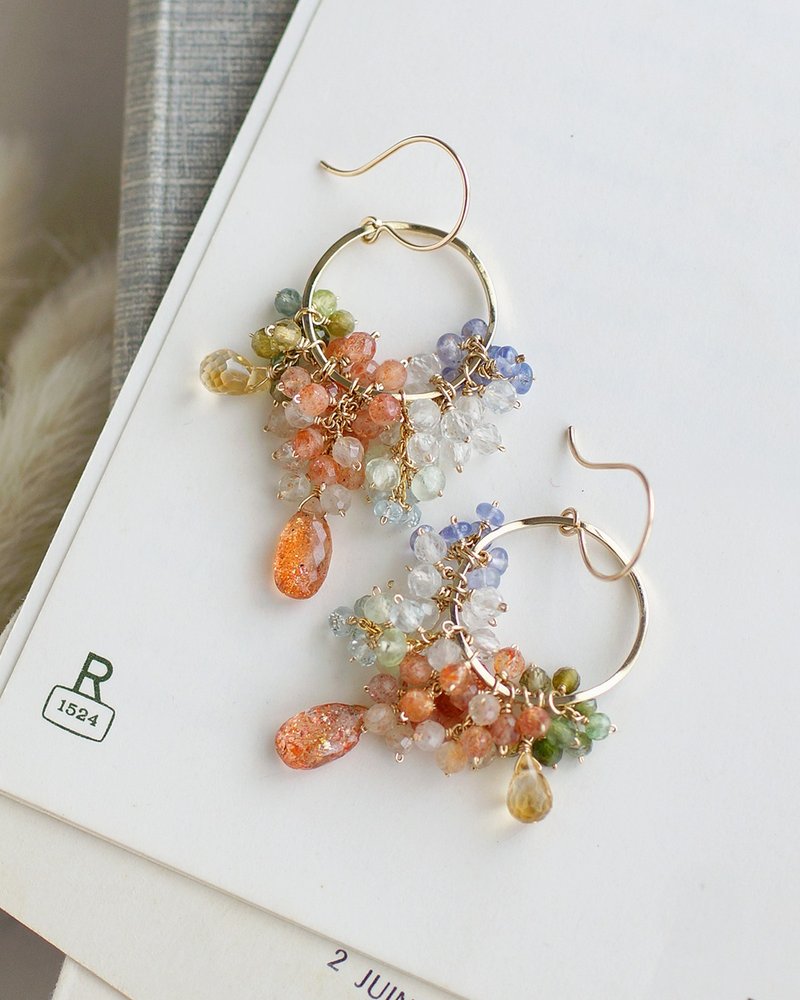 14KGF 日長石與秋色石戒指式耳環 - 耳環/耳夾 - 半寶石 橘色