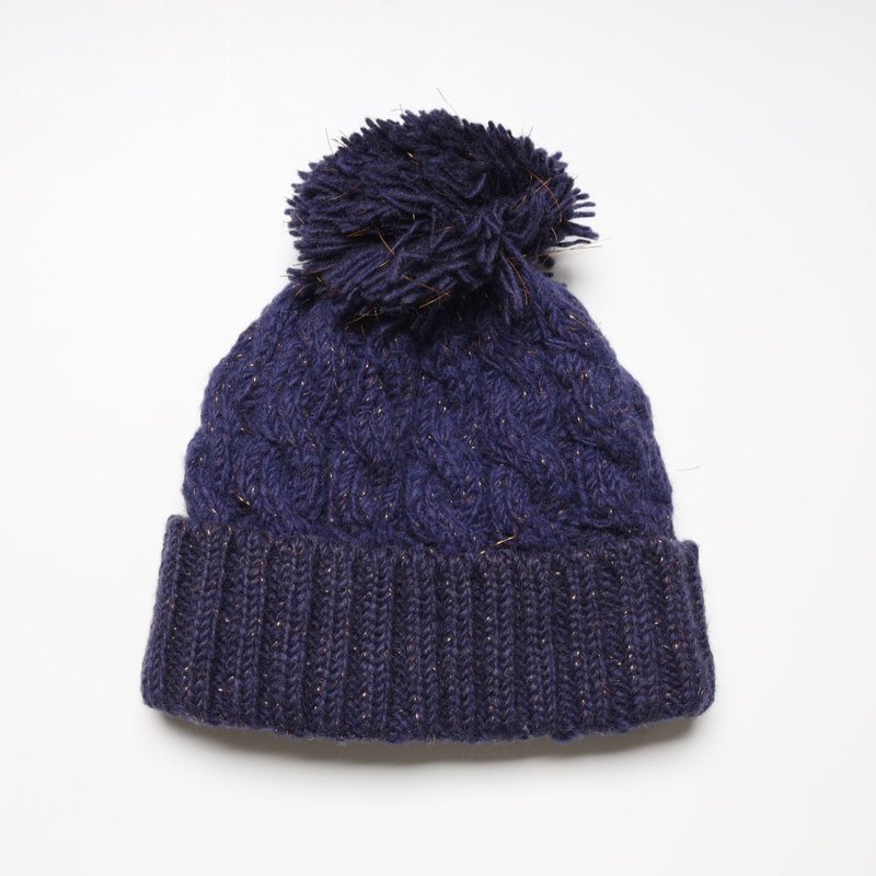 深藍金蔥毛球翻邊純羊毛線手工編織半襯防風毛帽|交換禮物|聖誕節 - 帽子 - 羊毛 藍色
