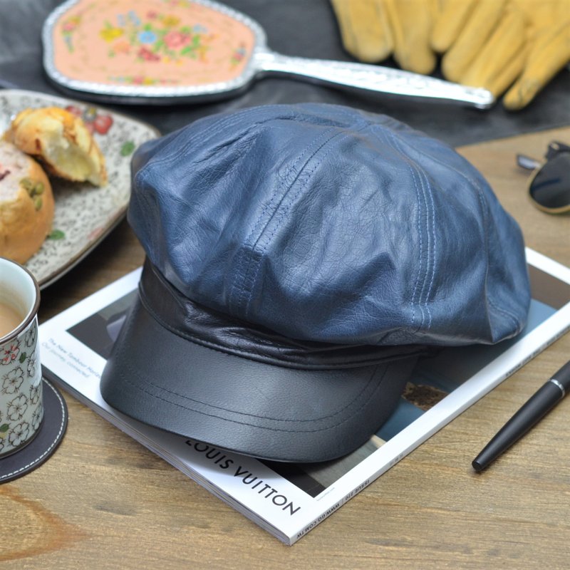 Sheepskin creative artist Baker hat blue navy blue captain hat leather cap for men and women - Hats & Caps - Genuine Leather Blue