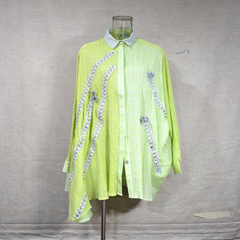 TIMBEE LO Pink Pingguo Green Wrinkle Yarn Mixed Color Semi-Perspective Checkered Loose Cloak Irregular Shirt Shirt - Women's Shirts - Cotton & Hemp Green