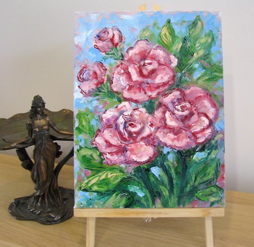 DCS-Art Original oil painting Pink Wild Roses on canvas home decoration on wooden easel