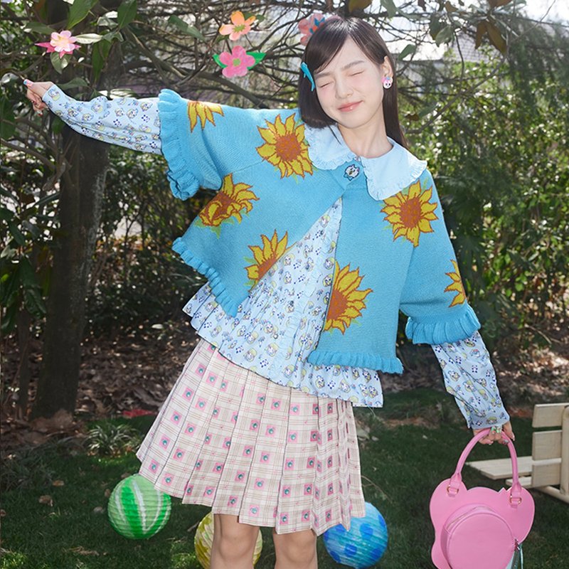 復古花朵 撞色針織提花披肩斗篷式小外套 開襟衫 - 女上衣/長袖上衣 - 其他材質 多色
