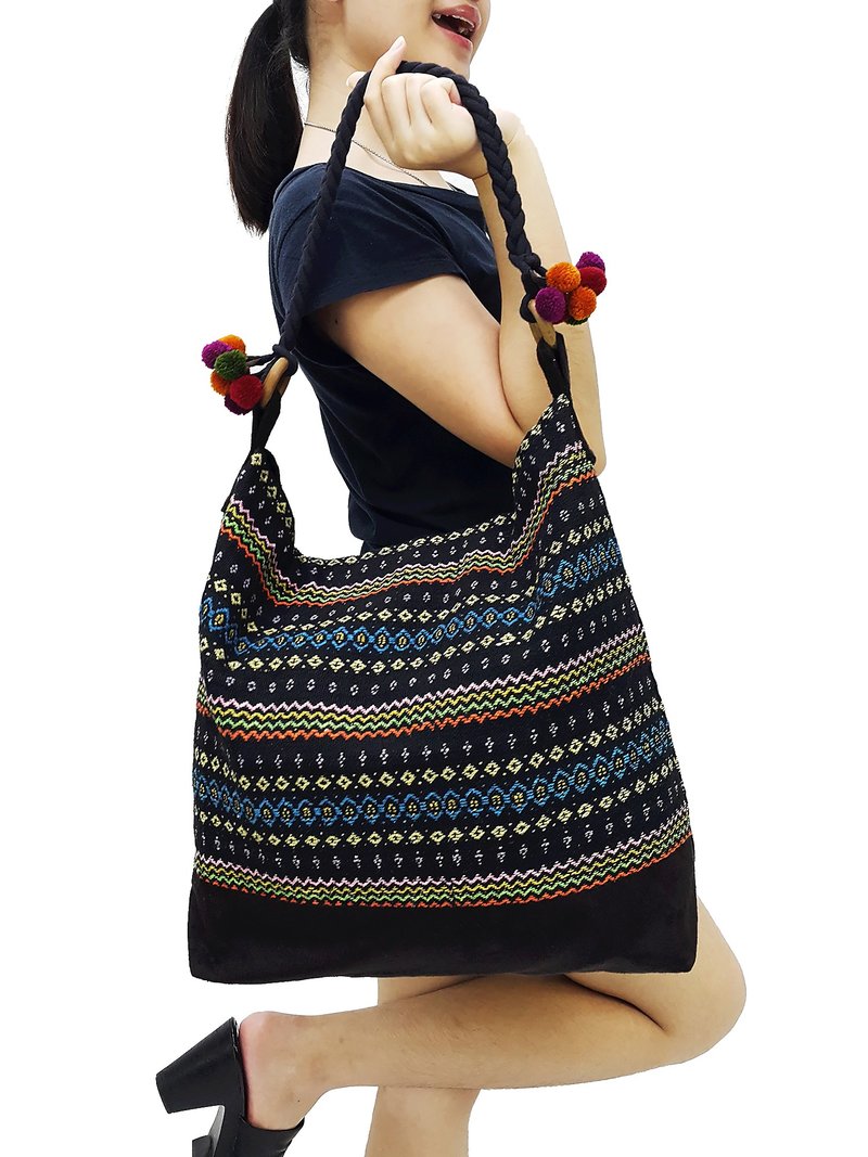 Woven Cotton Bag Tote bag Women bag Shoulder bag Shopping bag Pom Pom Strap Blue - 其他 - 其他材質 黑色