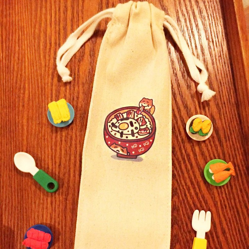 Donburi Cat Eco-Friendly Straw/Chopsticks Set (Cotton Canvas) Hand-Printed Straw Chopstick - กระเป๋าเครื่องสำอาง - ผ้าฝ้าย/ผ้าลินิน 