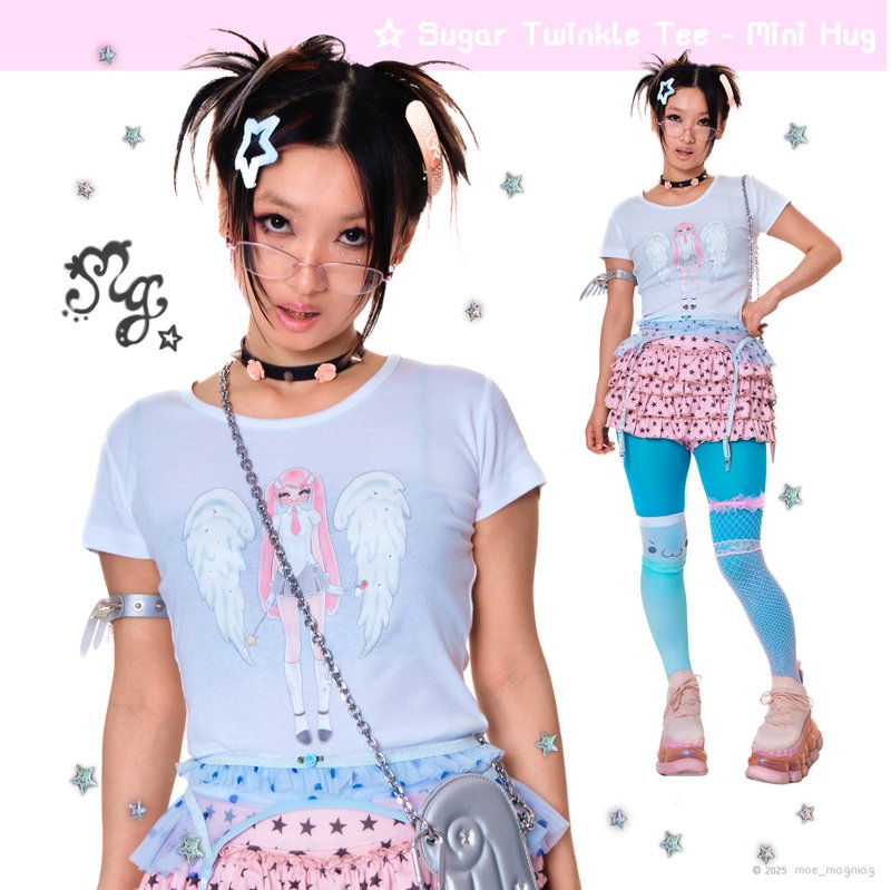 修身款T恤 | Sugar Twinkle -Mini Hug- - 女 T 恤 - 棉．麻 白色