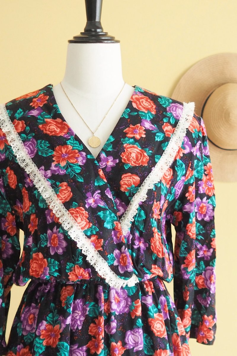 VINTAGE Flower dress, size L, Made in Canada - ชุดเดรส - ผ้าฝ้าย/ผ้าลินิน สีม่วง