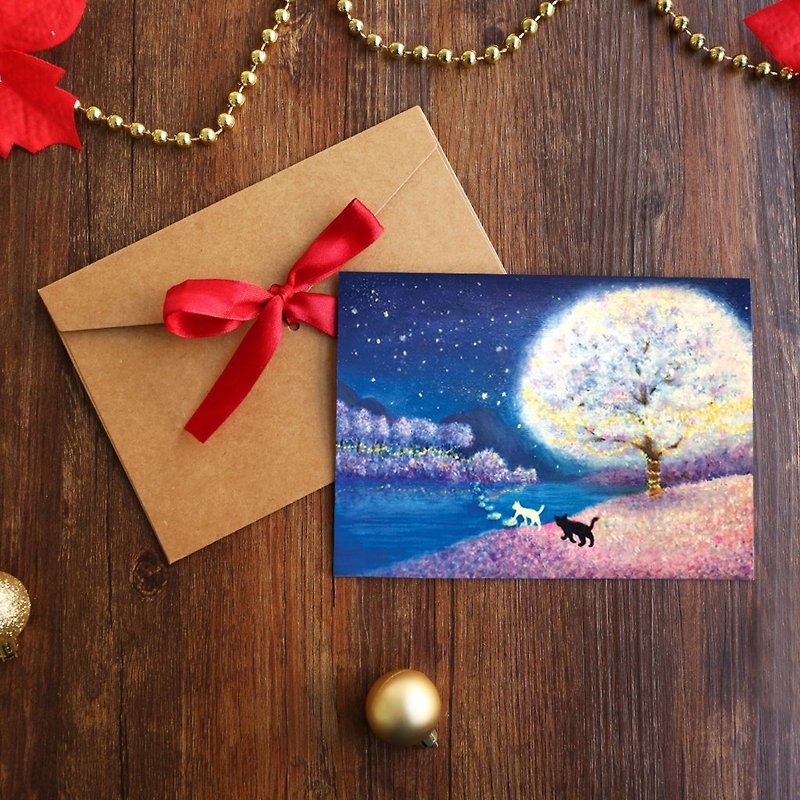 Black and white cat romantic Christmas card X'mas postcard - การ์ด/โปสการ์ด - กระดาษ สีน้ำเงิน
