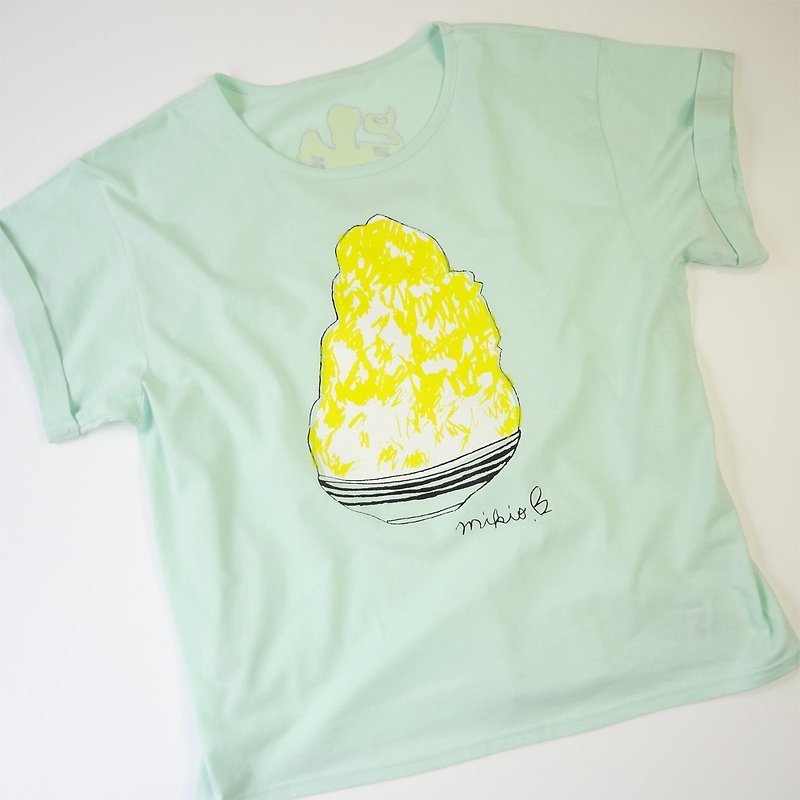 刨冰 Kakigori Shaved ice Women's YURUFUWA t-shirt Lemon - เสื้อยืดผู้หญิง - ผ้าฝ้าย/ผ้าลินิน สีเขียว