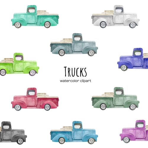 Art and Funny Watercolor Vintage Truck, Retro Pickup Trucks Clipart 10 PNG