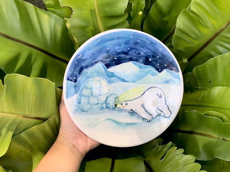 手拉坯釉下彩繪 北極熊系列 淺盤 - 盤子/餐盤 - 瓷 多色