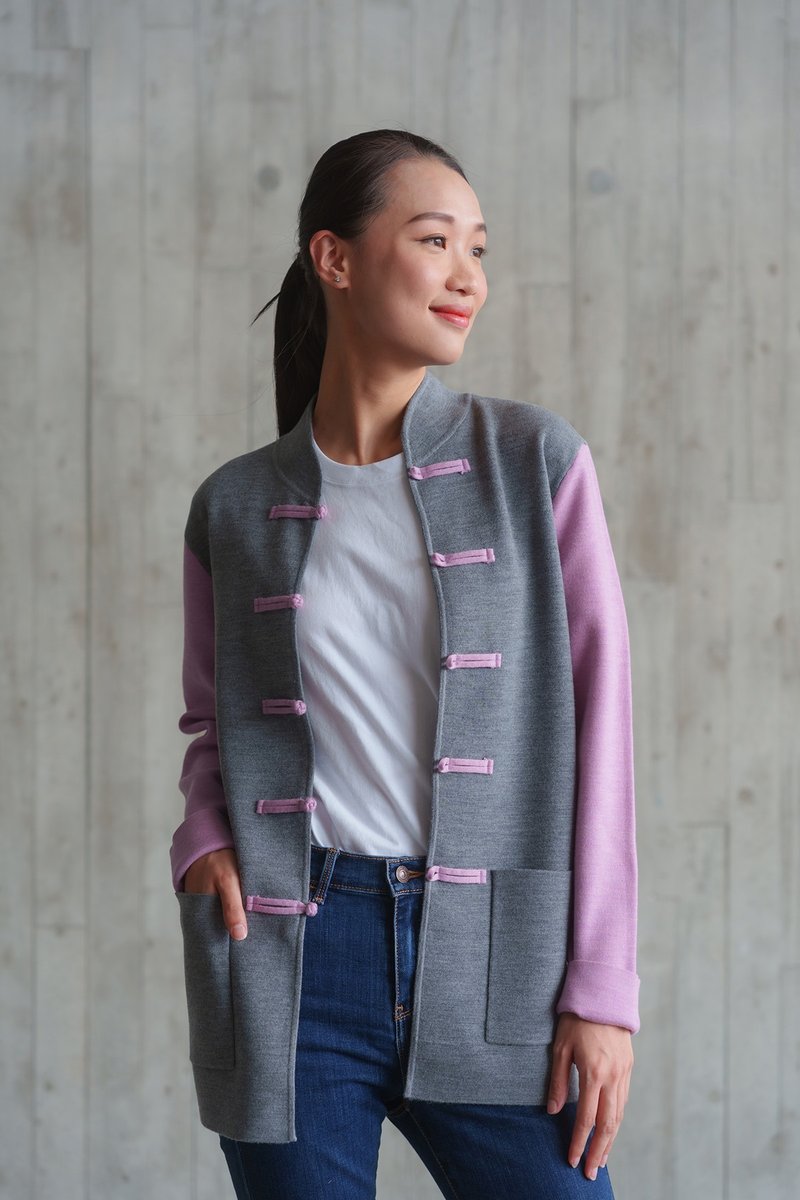 Unisex Color Block 100% merino wool knitted tang jacket (Grey/Lilac) - เสื้อโค้ทผู้ชาย - ขนแกะ สีเทา