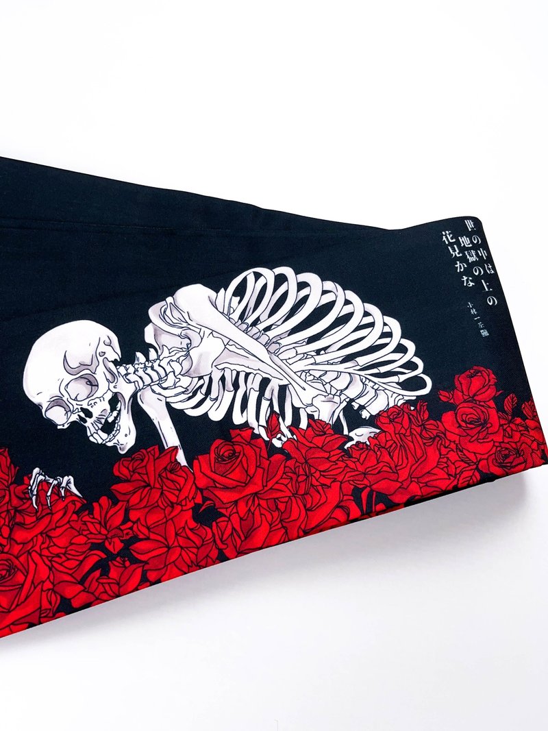雙面和服半幅帶/ 浴衣腰帶 - 浮世繪風骷髏樣式 - 皮帶/腰帶 - 聚酯纖維 黑色