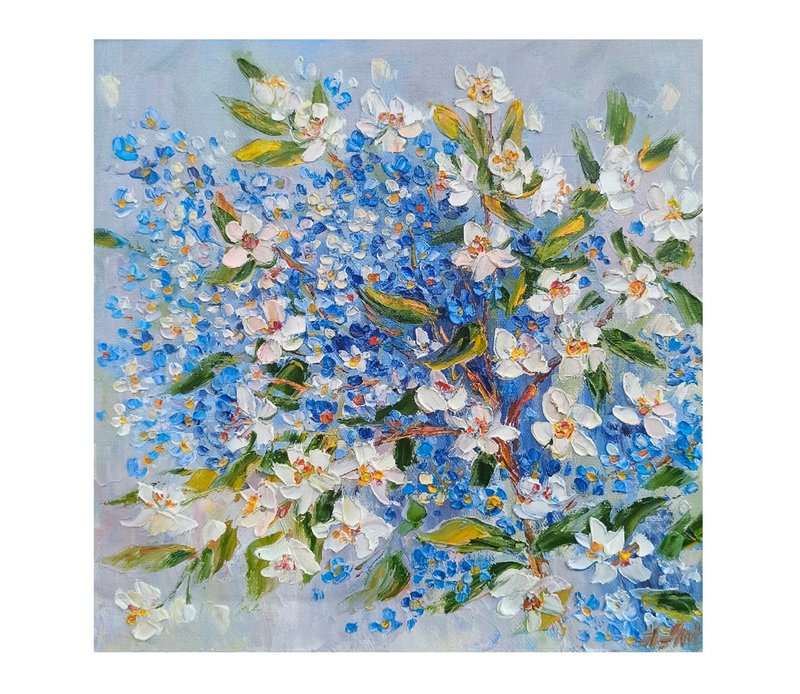 Flowers forget-me-nots Painting Gasmine Original Art Blue Floral Wall Art - โปสเตอร์ - ผ้าฝ้าย/ผ้าลินิน 