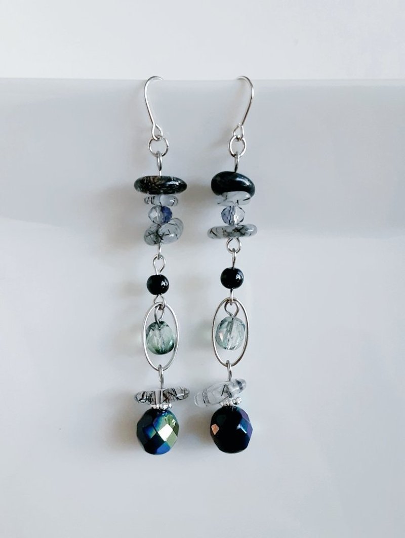 Tourmaline quartz, oval hoop and Czech bead earrings, black, natural stone, fashion, swinging design, can be changed to hypoallergenic earrings or Clip-On - Earrings & Clip-ons - Semi-Precious Stones Black