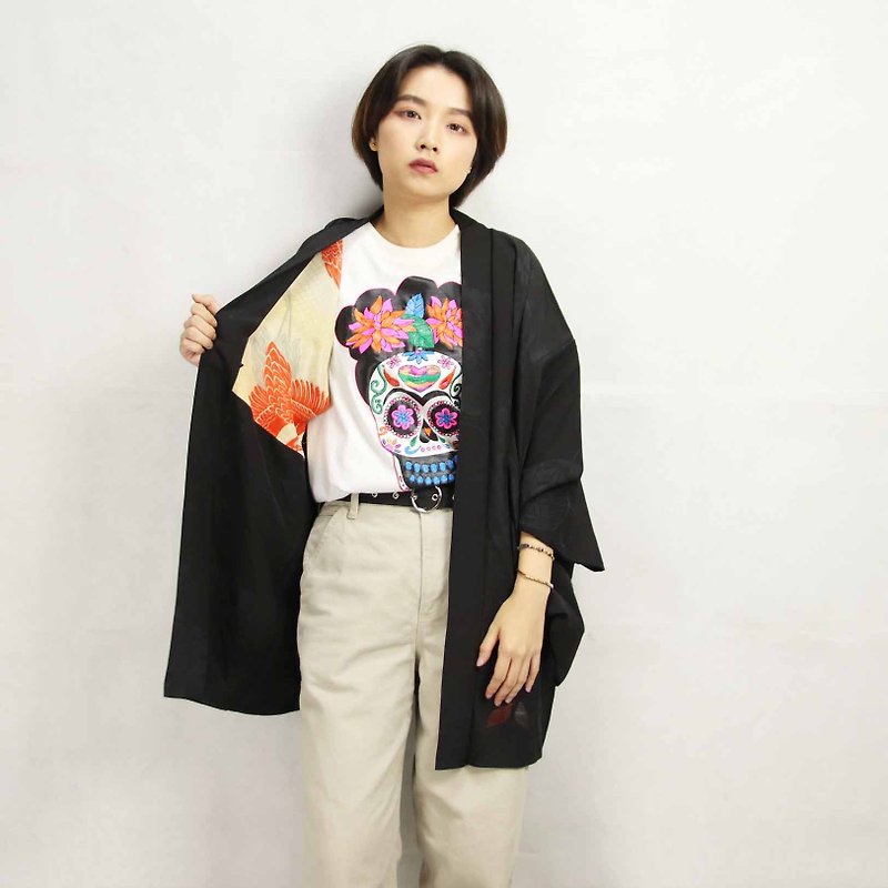 Tsubasa.Y ancient house 012 peony embossed orange crane black feather woven, blouse jacket kimono Japanese style - Women's Casual & Functional Jackets - Silk 
