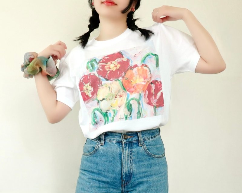 アートを着るTシャツ ポピー - 女 T 恤 - 棉．麻 紅色