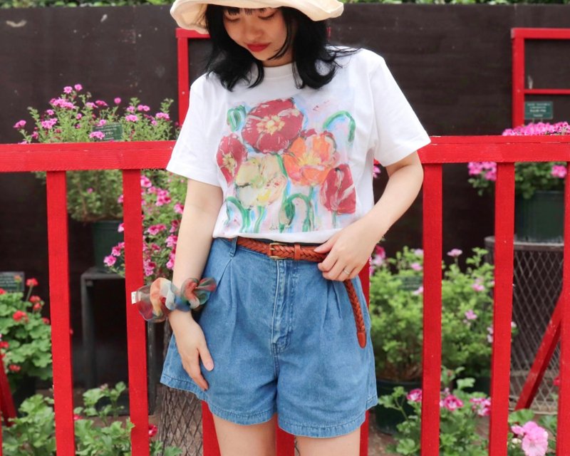 アートを着るTシャツ ポピー - 女 T 恤 - 棉．麻 紅色