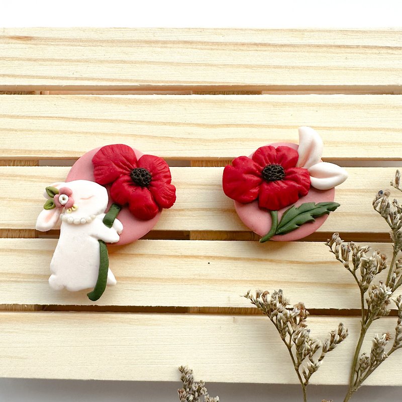 Hidden Rabbit | Poppy, Handmade Polymer Clay Earrings - Earrings & Clip-ons - Clay Red