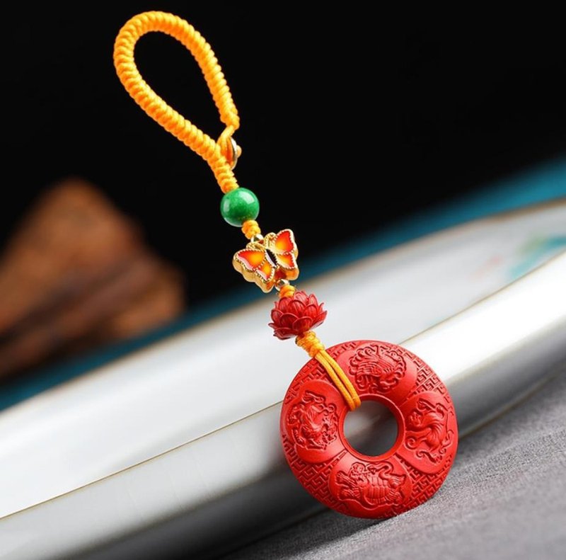 新款美貨 天然原礦硃砂精品紅砂四大神獸平安扣 鑰匙扣 包掛 - 項鍊 - 寶石 