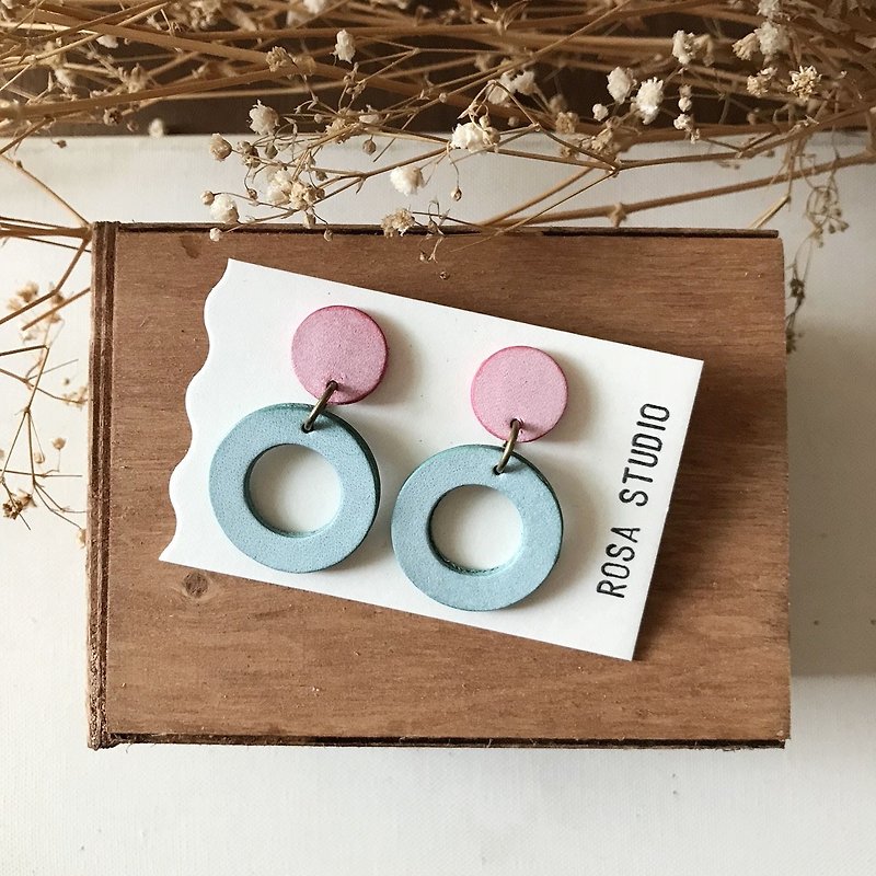 Leather Earrings│Ear Pins│Diauan No. 3 Works_Sakura Pink with Mint Green - Earrings & Clip-ons - Genuine Leather Blue