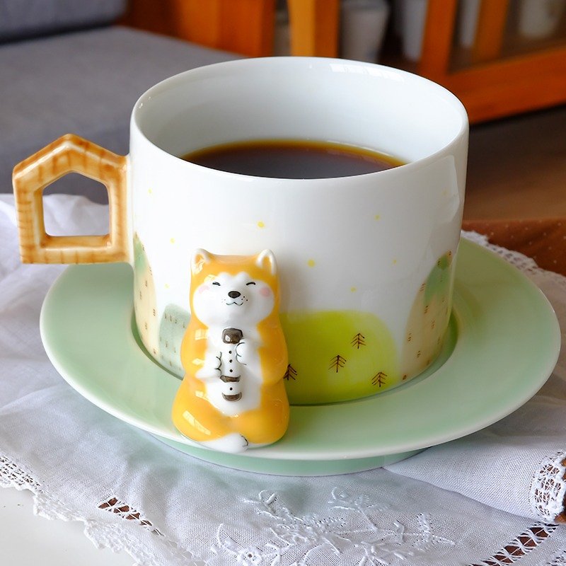 Three shallow pottery original design small Akita couple coffee cup creative hand to send friends birthday wedding gifts - แก้วมัค/แก้วกาแฟ - เครื่องลายคราม 