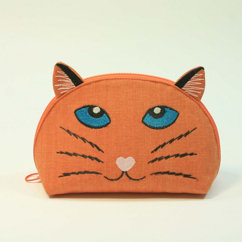 刺繍シェルメイクパック02  - 猫の頭 - ポーチ - コットン・麻 オレンジ