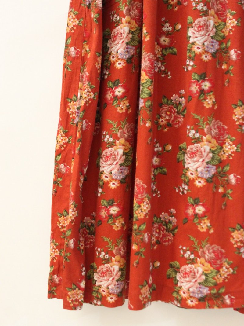 Vintage Summer Original Flower Floral Brick Red Cotton Short Sleeve Vintage Dress - One Piece Dresses - Cotton & Hemp Red
