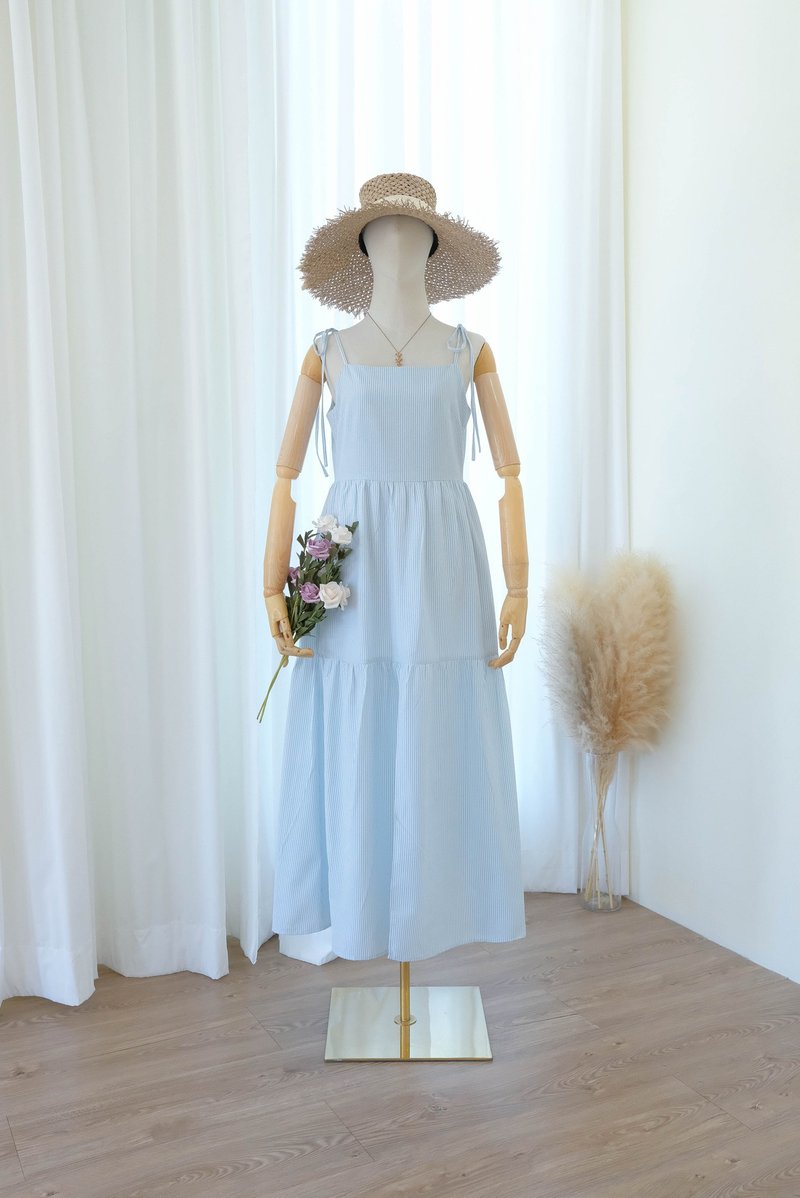 ミントホワイトストライプコットンドレス、ロングドレス - ワンピース - コットン・麻 ブルー