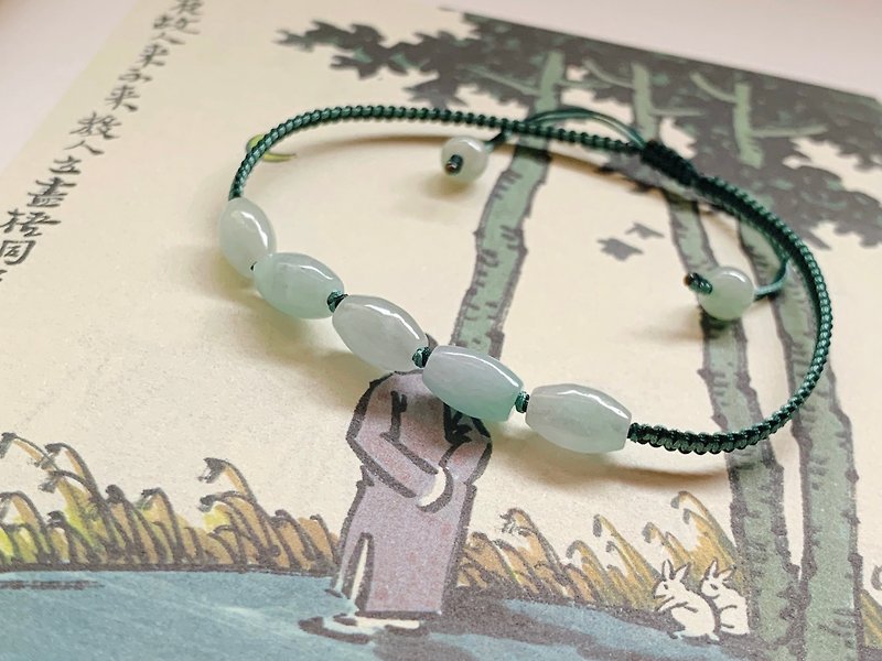 Hand made tea picking song. Natural jadeite transfer beads retro woven hand rope Lutong ancient style literary bracelet - Bracelets - Jade Green