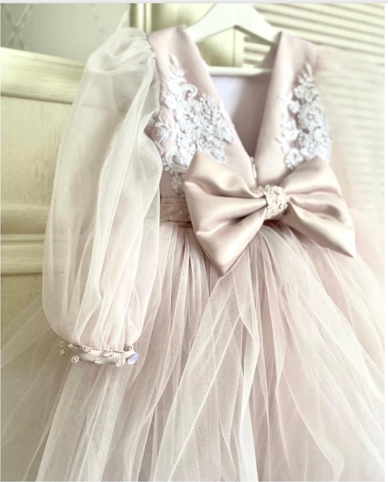 Blush pink color dress with white lace. First birthday dress. Cocktail dress. - Kids' Dresses - Other Materials Pink