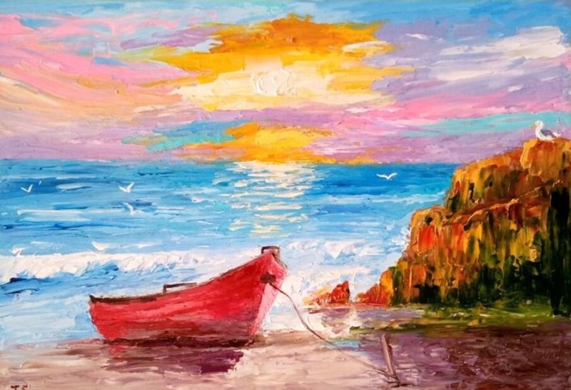 Original oil painting Seascape with red boat. 13x18x0,3 cm. Unframed. - 壁貼/牆壁裝飾 - 其他材質 