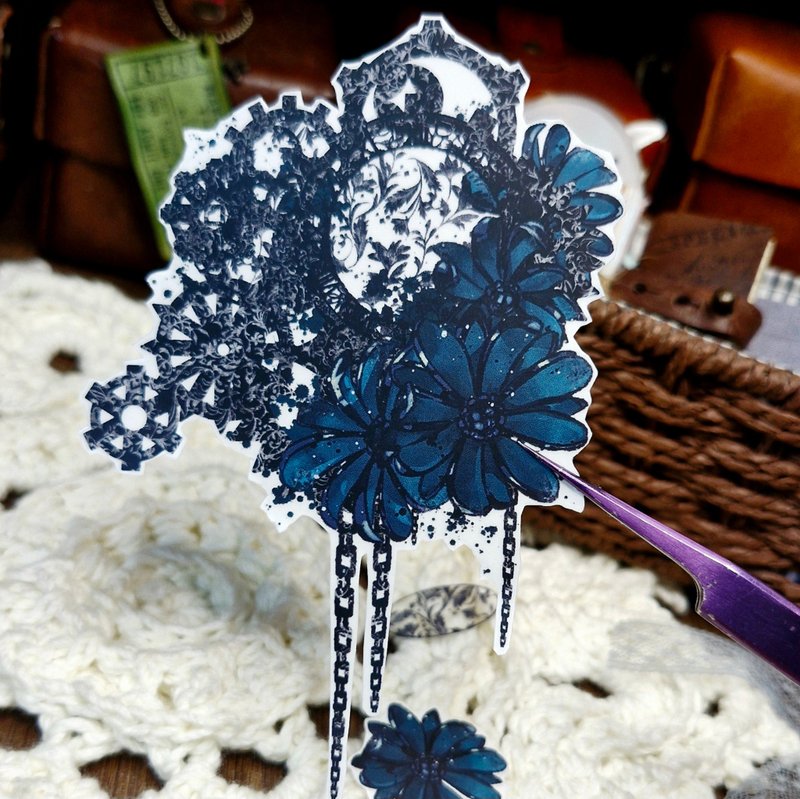 Steampunk flower sticker turkish blue ver. - 紙膠帶/和紙/PET - 紙 白色