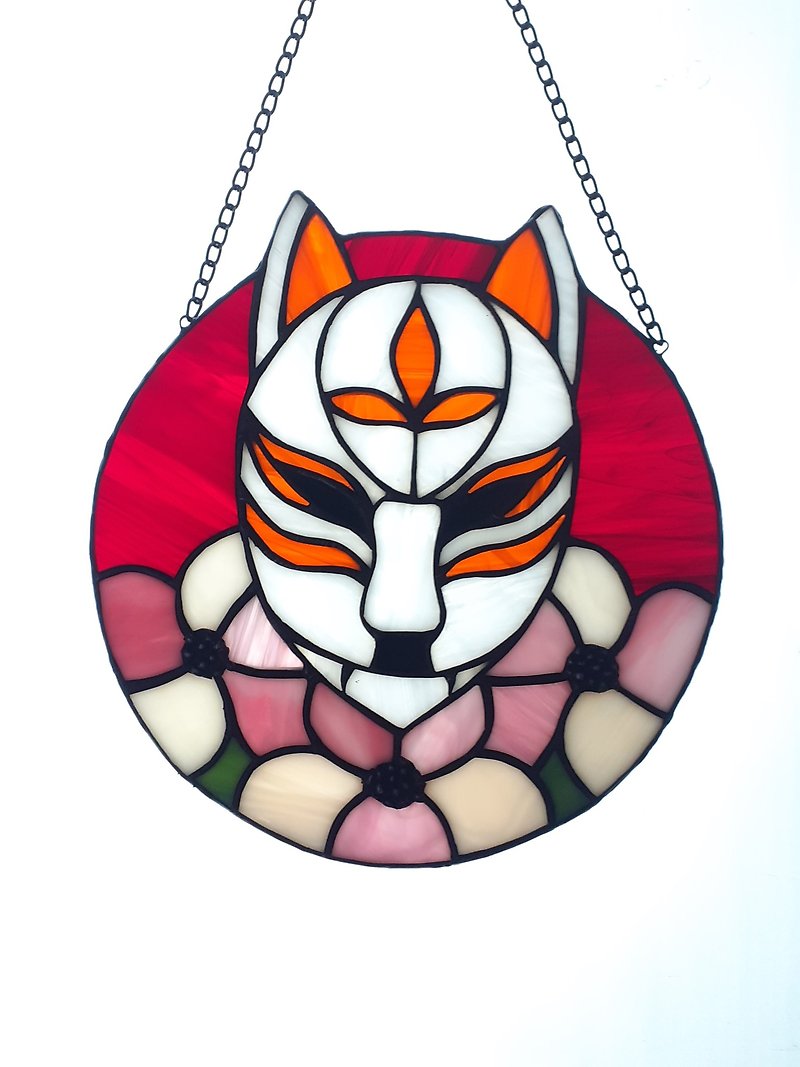 Stained Glass Fox Ornament, Cherry Blossom Flower Fox Mask Suncatcher - ตกแต่งผนัง - แก้ว หลากหลายสี