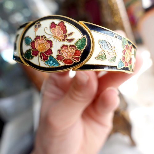 Travel Genius 中古店 日本中古彩繪鮮艷花卉植物蝴蝶圖案手環手鐲手鍊 古著珠寶首飾