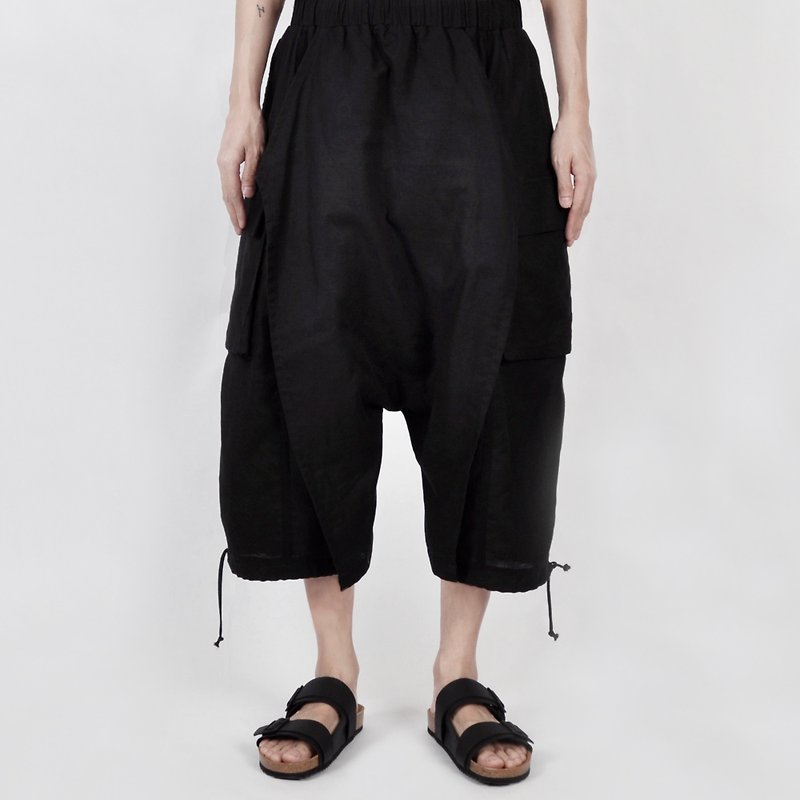 AFTER-Cotton and Linen Elastic Drawstring Pants - กางเกงขายาว - ผ้าฝ้าย/ผ้าลินิน สีดำ